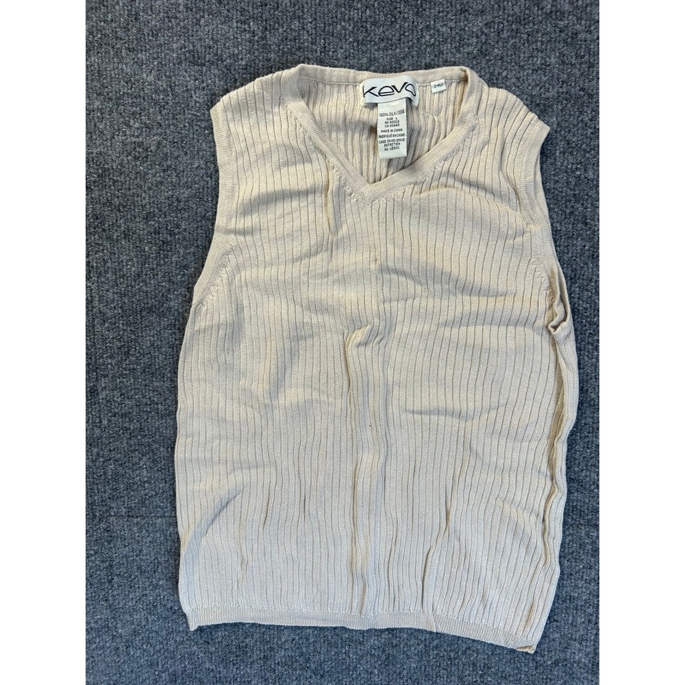 Kevo Sweater Vest Women Large Beige 100% Silk Ribbed V-Neck Sleeveless 2-Ply